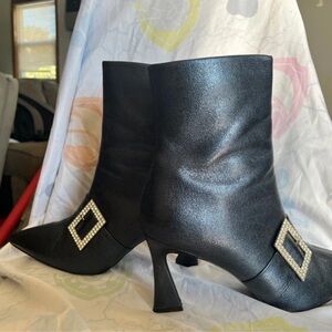Old Navy Black Pointed-Toe Mid-Calf Heeled Boots with Rhinestone Buckle